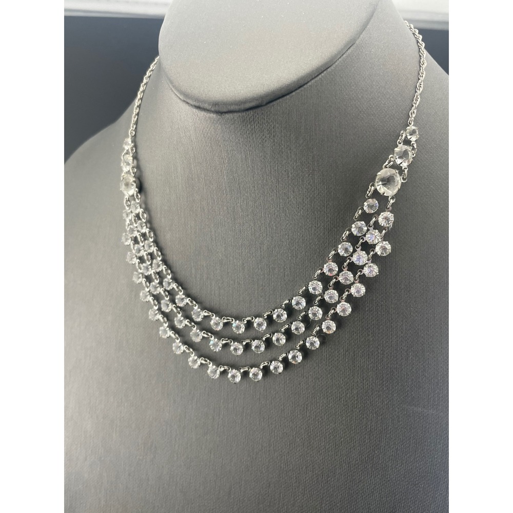 Vintage Open Back Crystal Festoon Necklace Silver Tone Czech 3 Strand Draped Bib